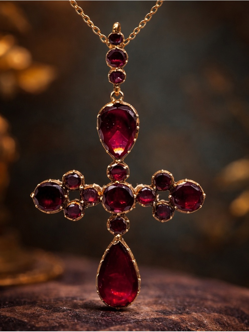 Georgian Garnet Cross Pendant Necklace Red Garnet Gold Victorian Gothic Cross 9k